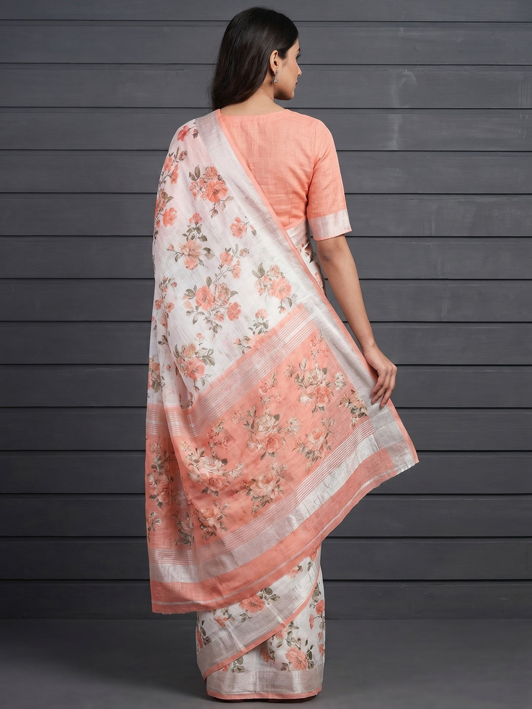 White & Peach Digital Printed With Zari Work Linen Cotton Saree - Image 2