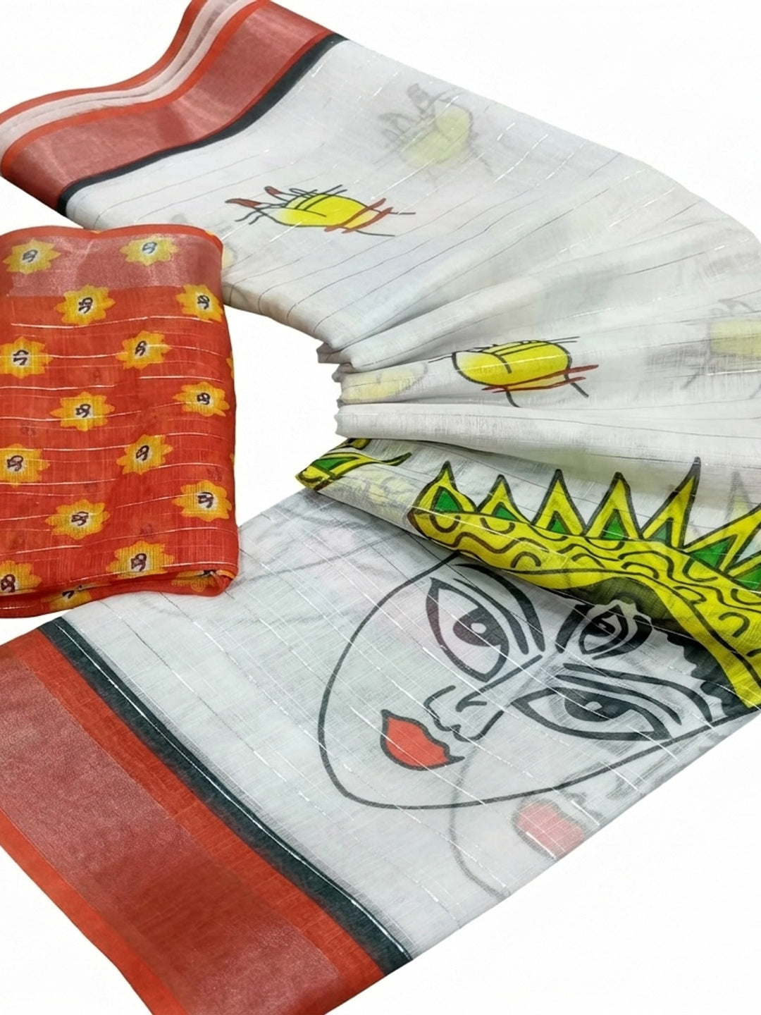 White Digital Printed With Zari Work Linen Cotton Saree - Image 4