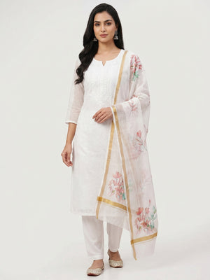 White Embroidered Kota Doria Dress Material - Image 1