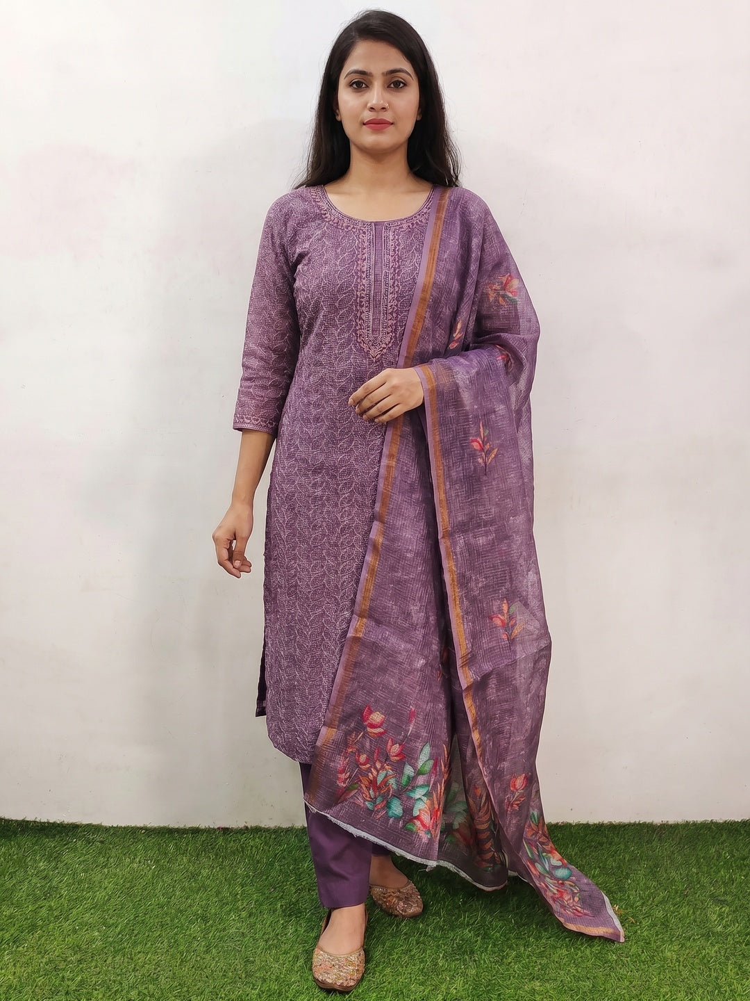 Purple Embroidered Kota Doria Dress Material - Image 1