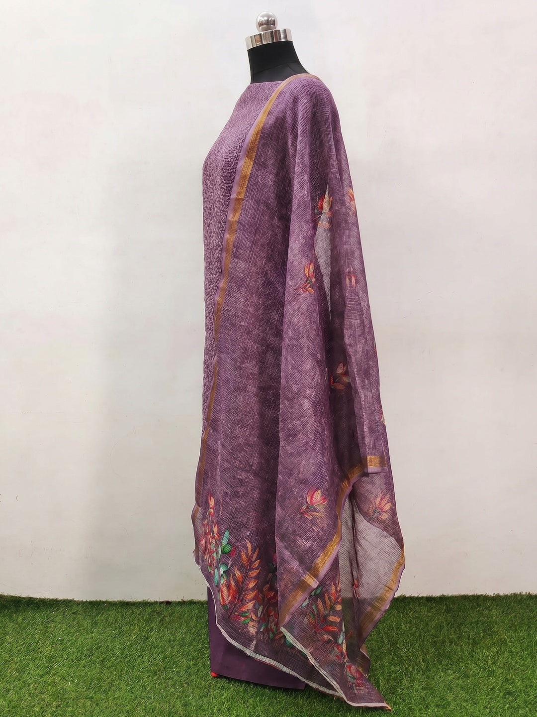 Purple Embroidered Kota Doria Dress Material - Image 3