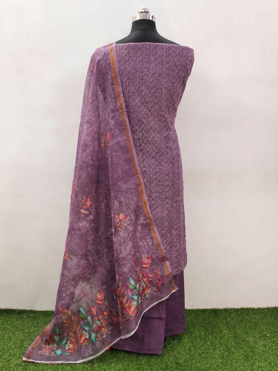 Purple Embroidered Kota Doria Dress Material - Image 2