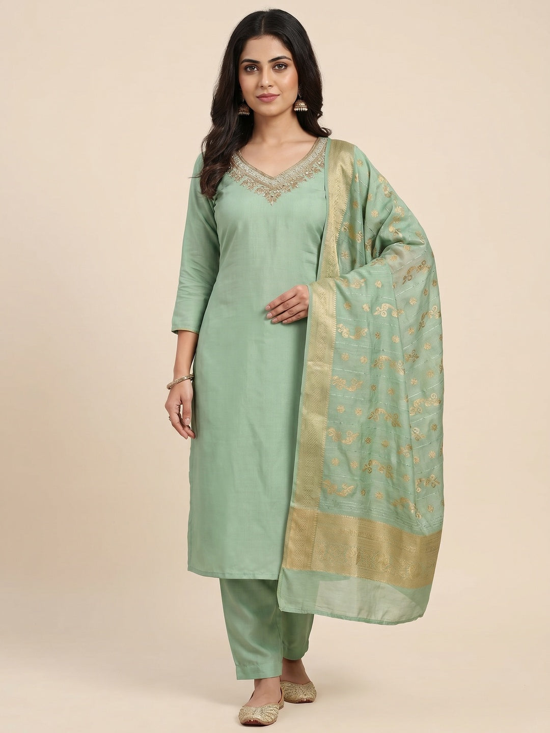 Green Beads Embroidered Viscose Dress Material - Image 1