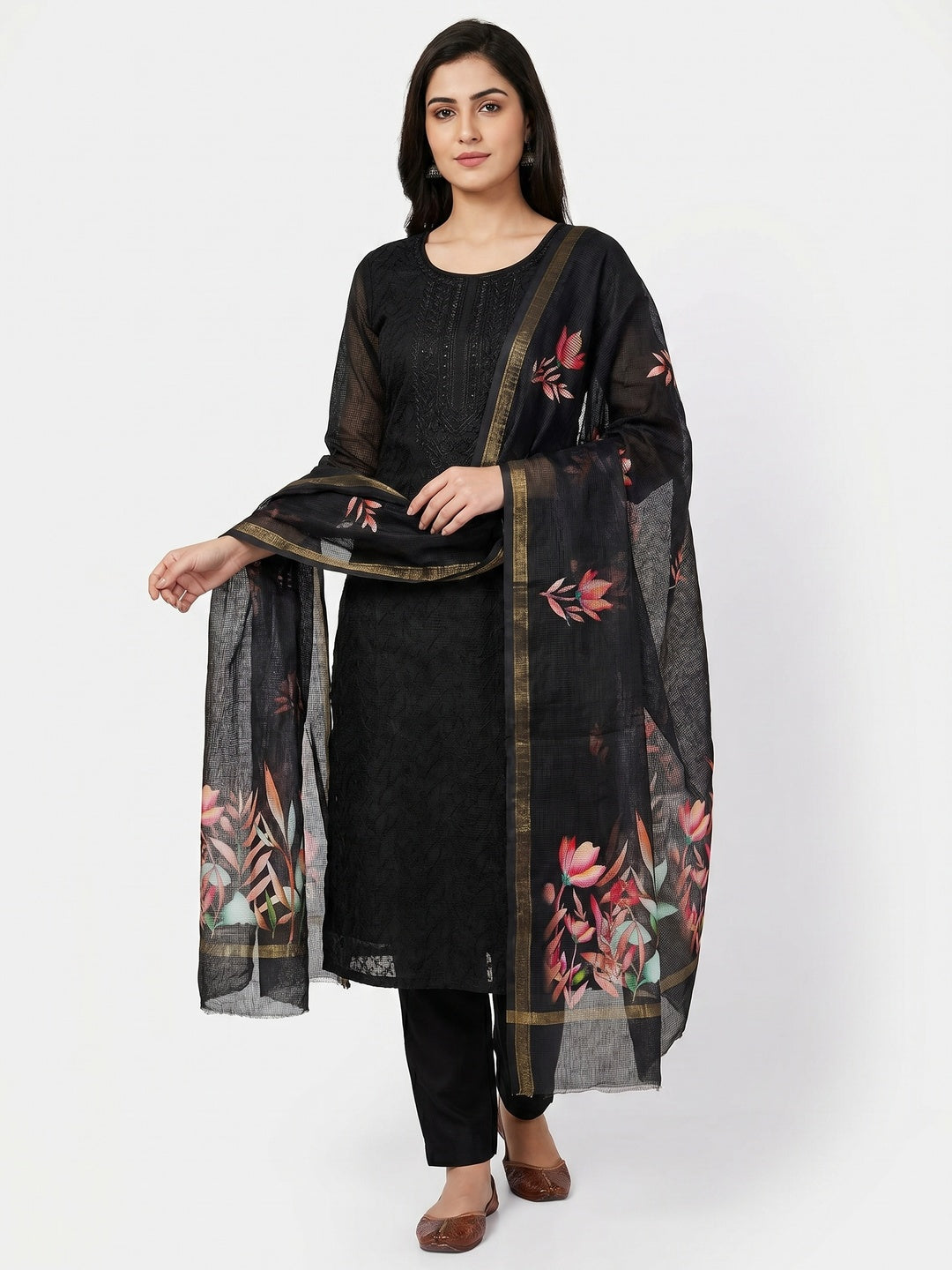 Black Embroidered Kota Doria Dress Material - Image 1