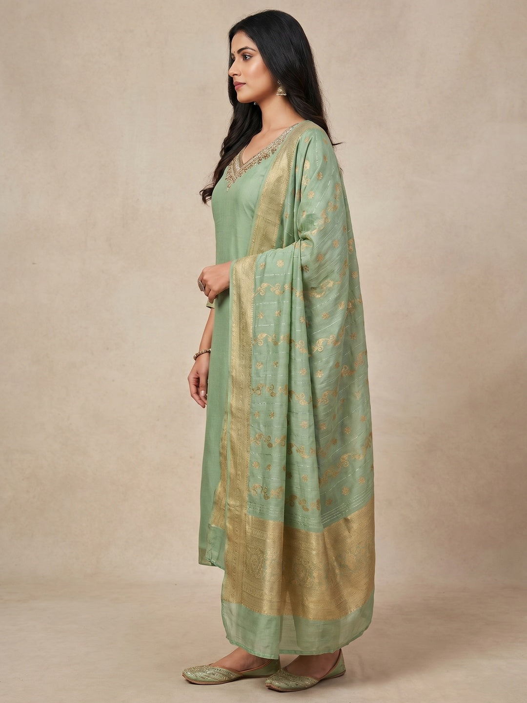 Green Beads Embroidered Viscose Dress Material - Image 2