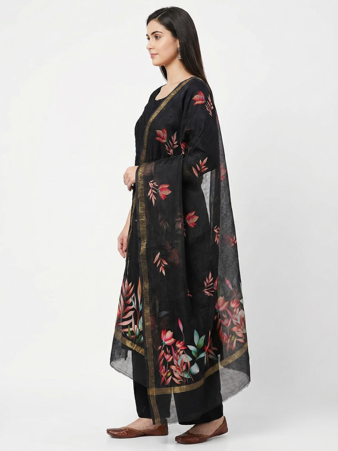 Black Embroidered Kota Doria Dress Material - Image 2