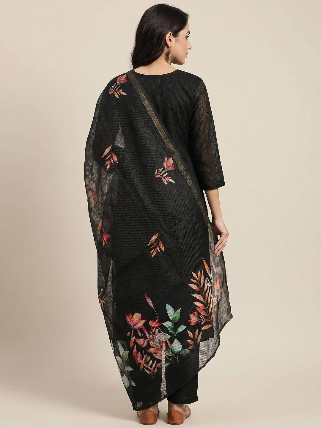Black Embroidered Kota Doria Dress Material - Image 3