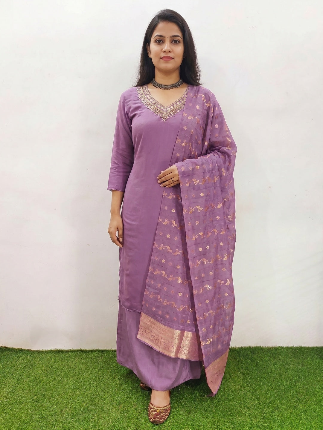 Purple Beads Embroidered Viscose Dress Material - Image 1