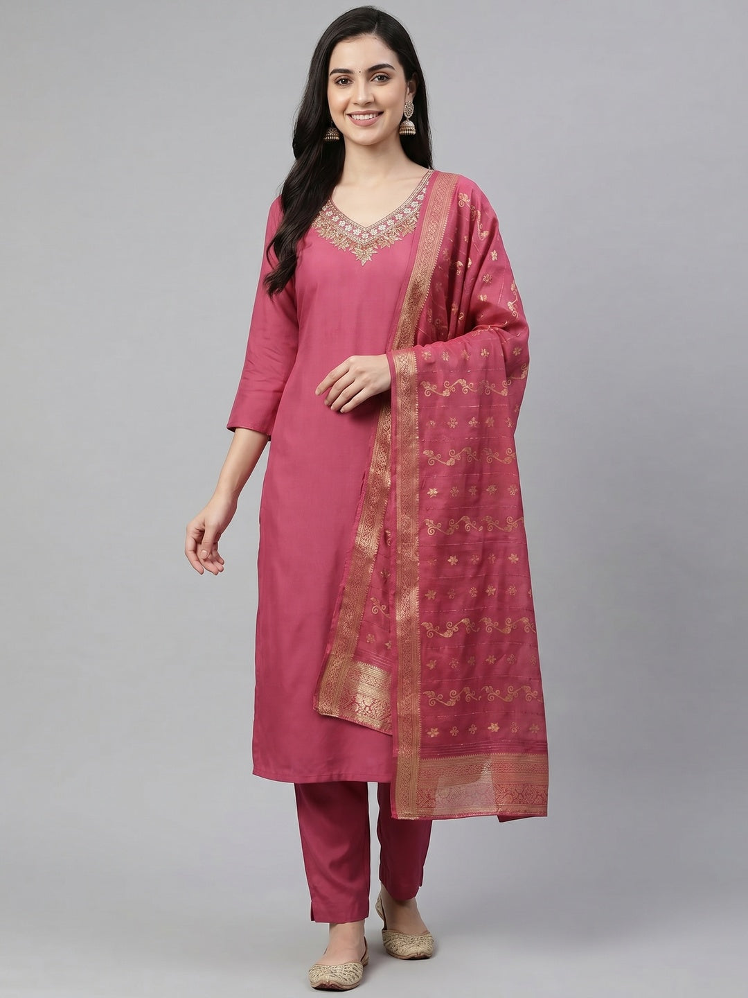 Pink Beads Embroidered Viscose Dress Material - Image 1