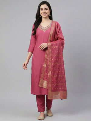 Pink Beads Embroidered Viscose Dress Material - Image 1