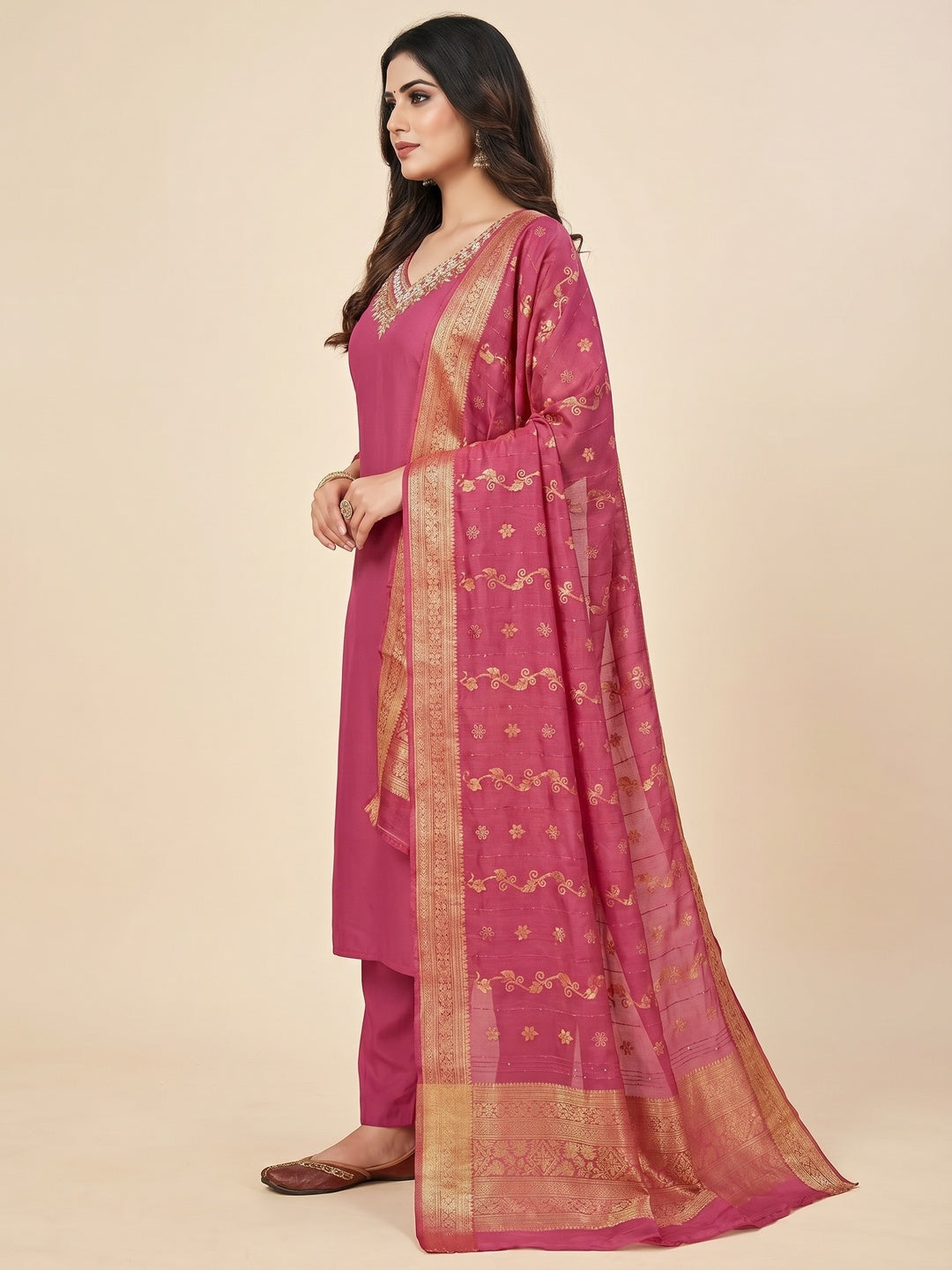 Pink Beads Embroidered Viscose Dress Material - Image 2
