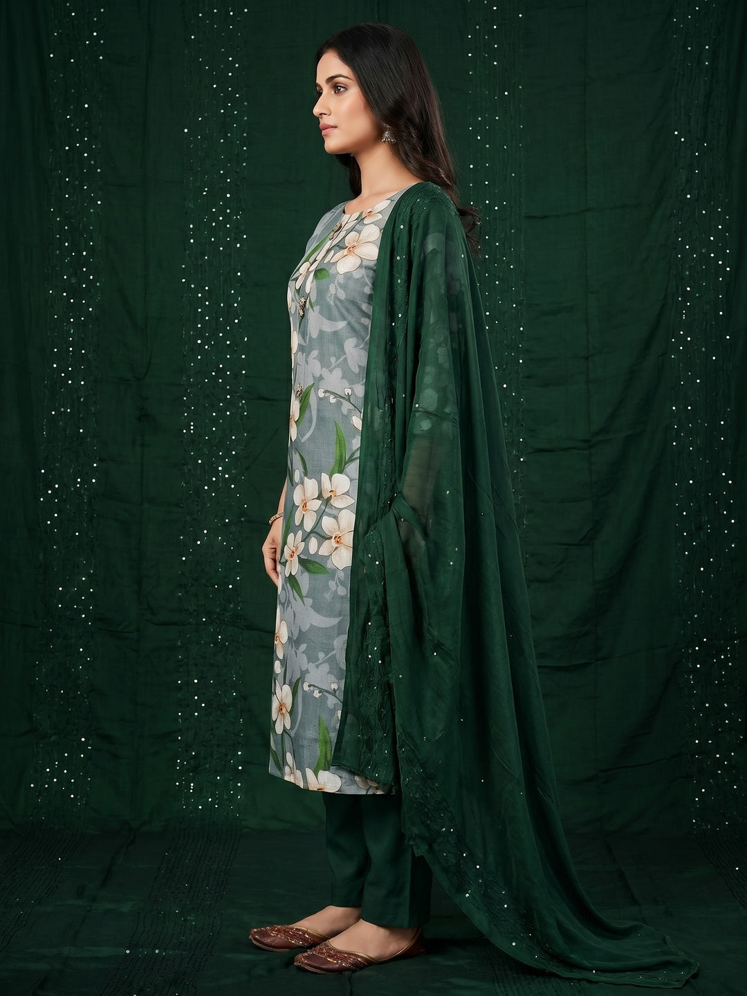 Grey Floral Printed Linen Dress Material - Image 3