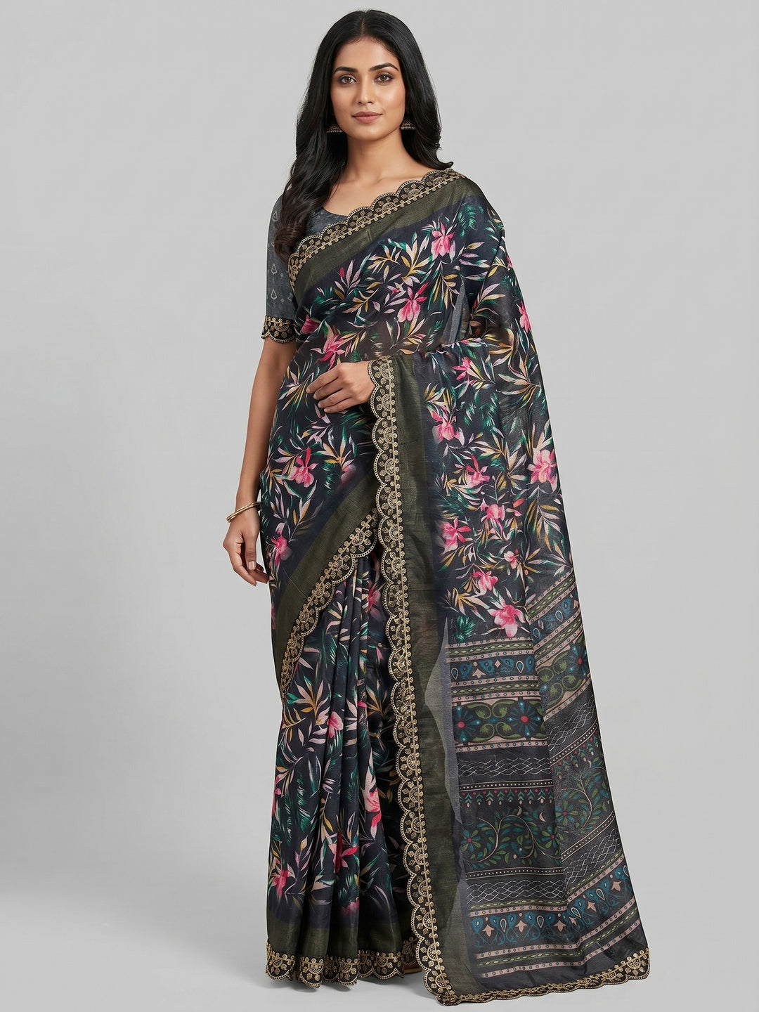 Black Floral Digital Printed Tussar Silk Saree With Sequins Embroidered Border - Image 1