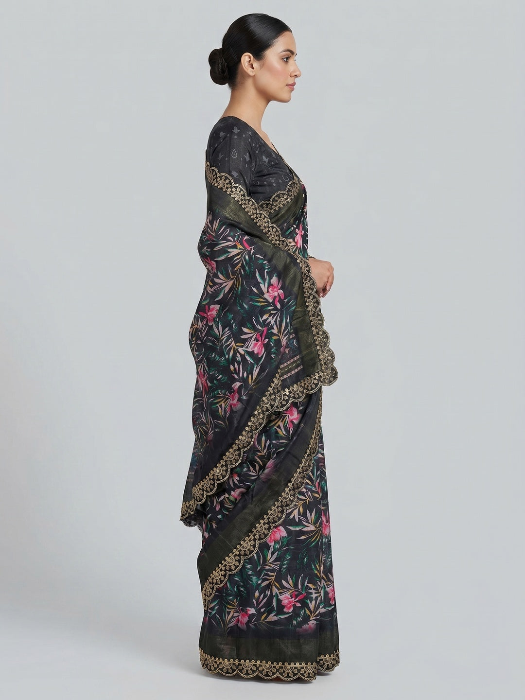 Black Floral Digital Printed Tussar Silk Saree With Sequins Embroidered Border - Image 2
