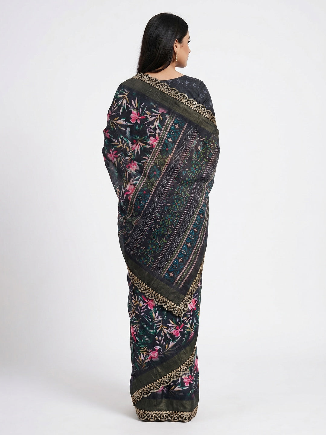 Black Floral Digital Printed Tussar Silk Saree With Sequins Embroidered Border - Image 3