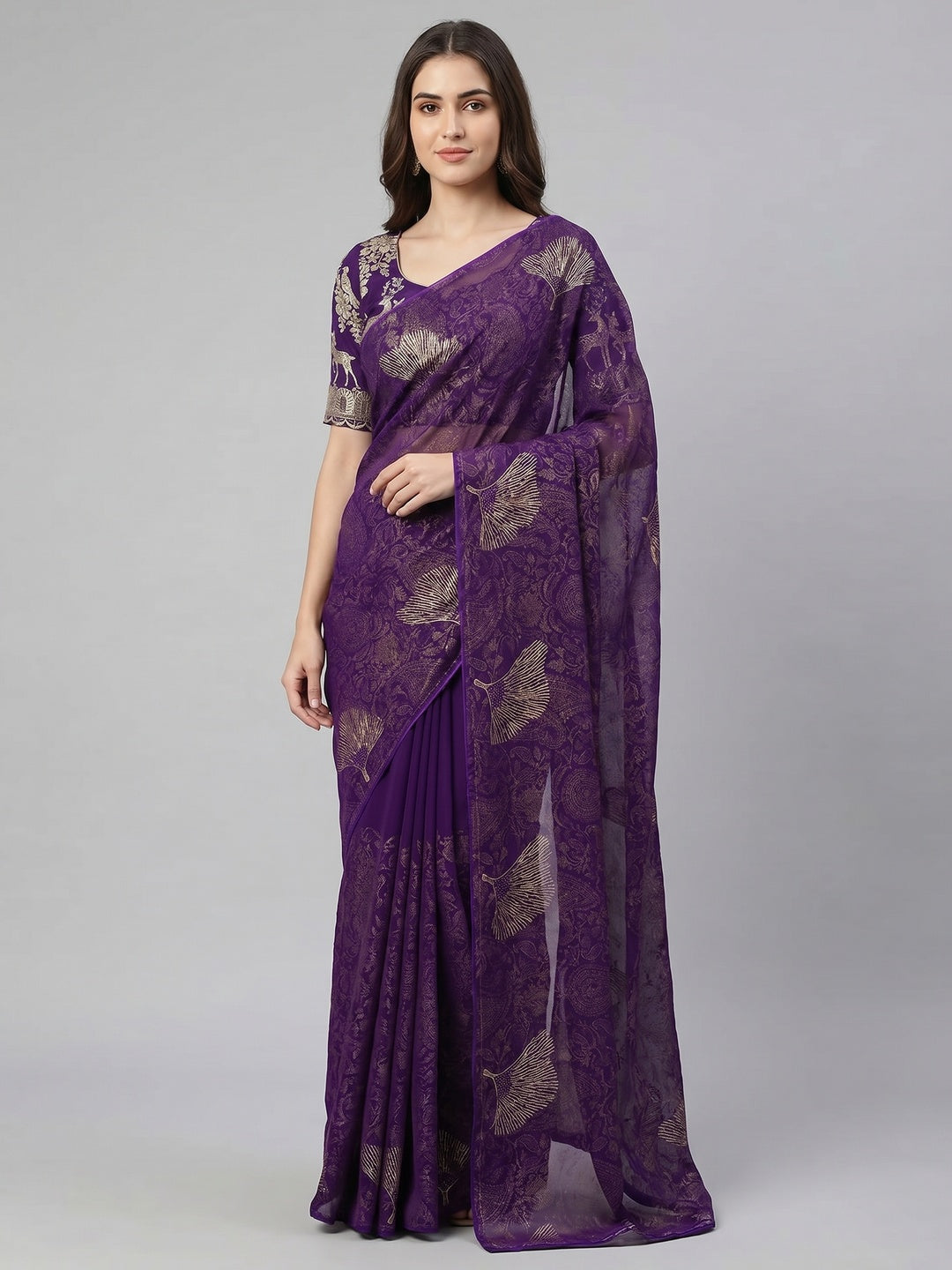 Purple Foil Printed Georgette Saree - Image 1