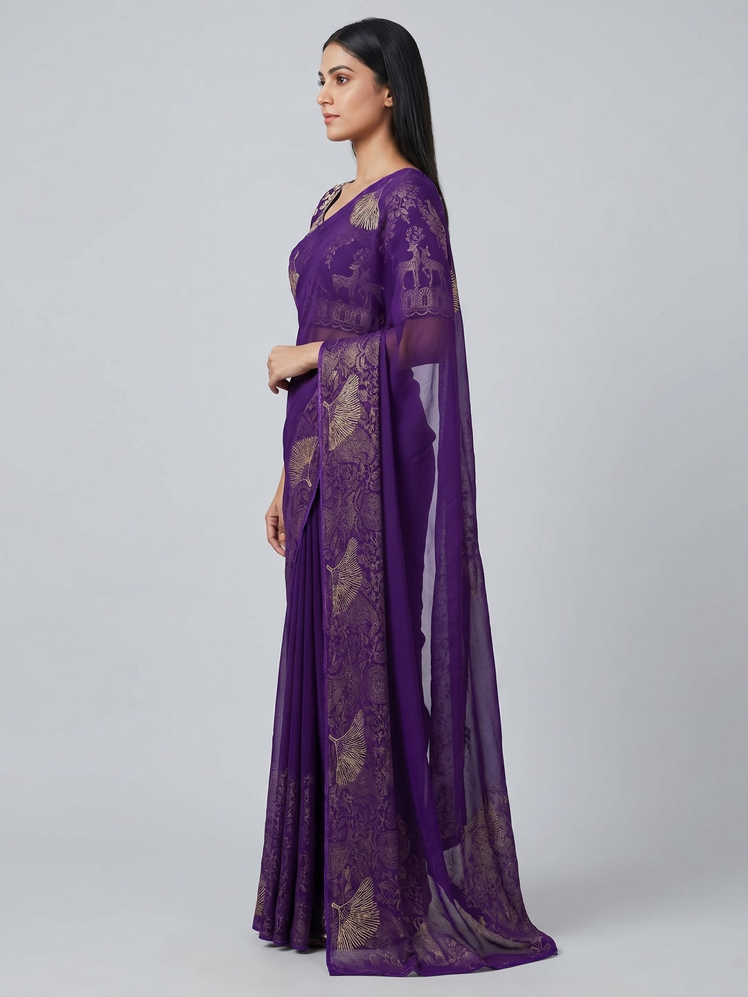 Purple Foil Printed Georgette Saree - Image 2