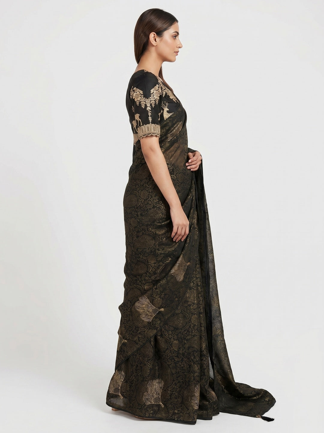 Black Foil Printed Georgette Saree - Image 2