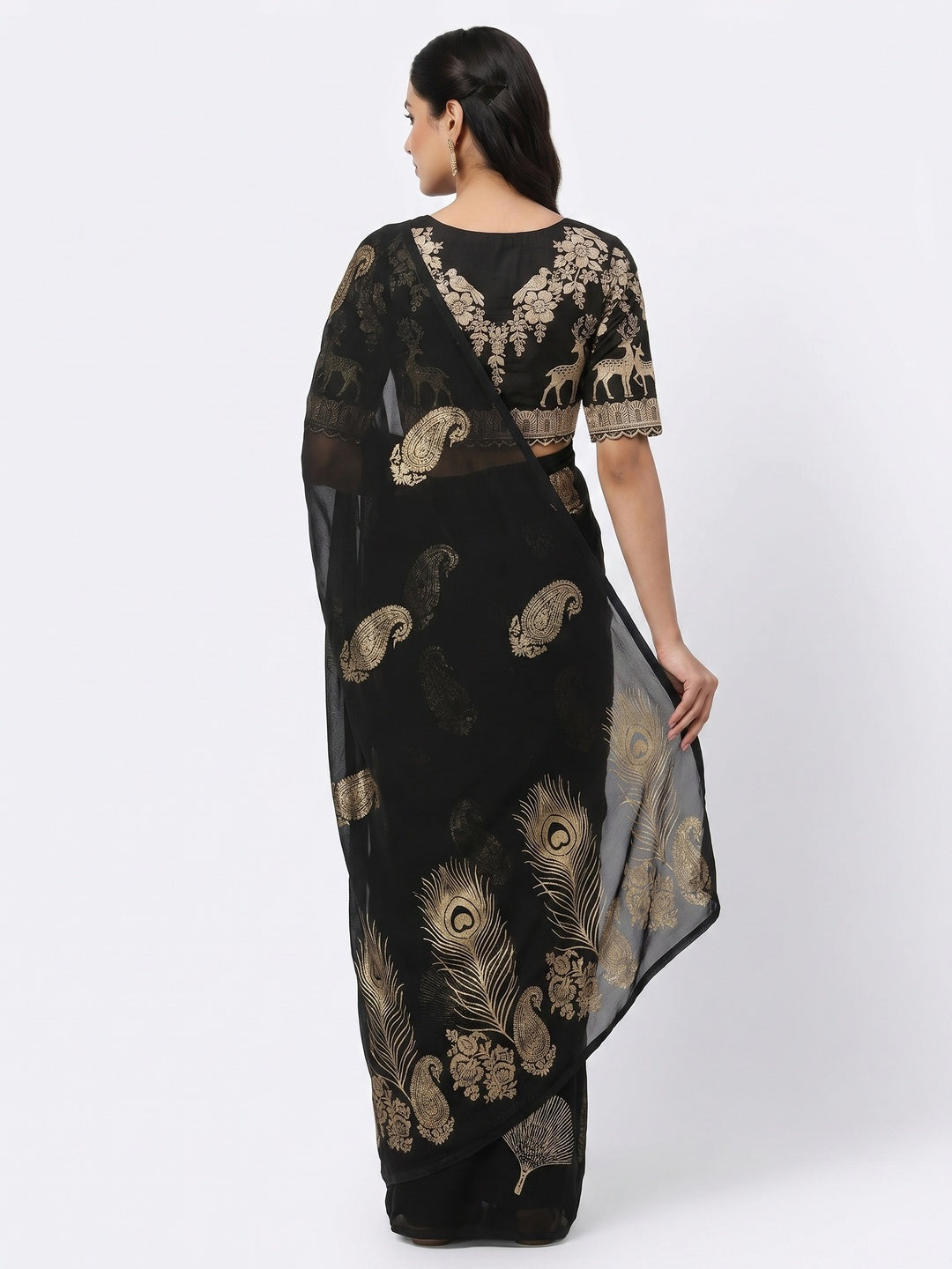 Black Foil Printed Georgette Saree - Image 3
