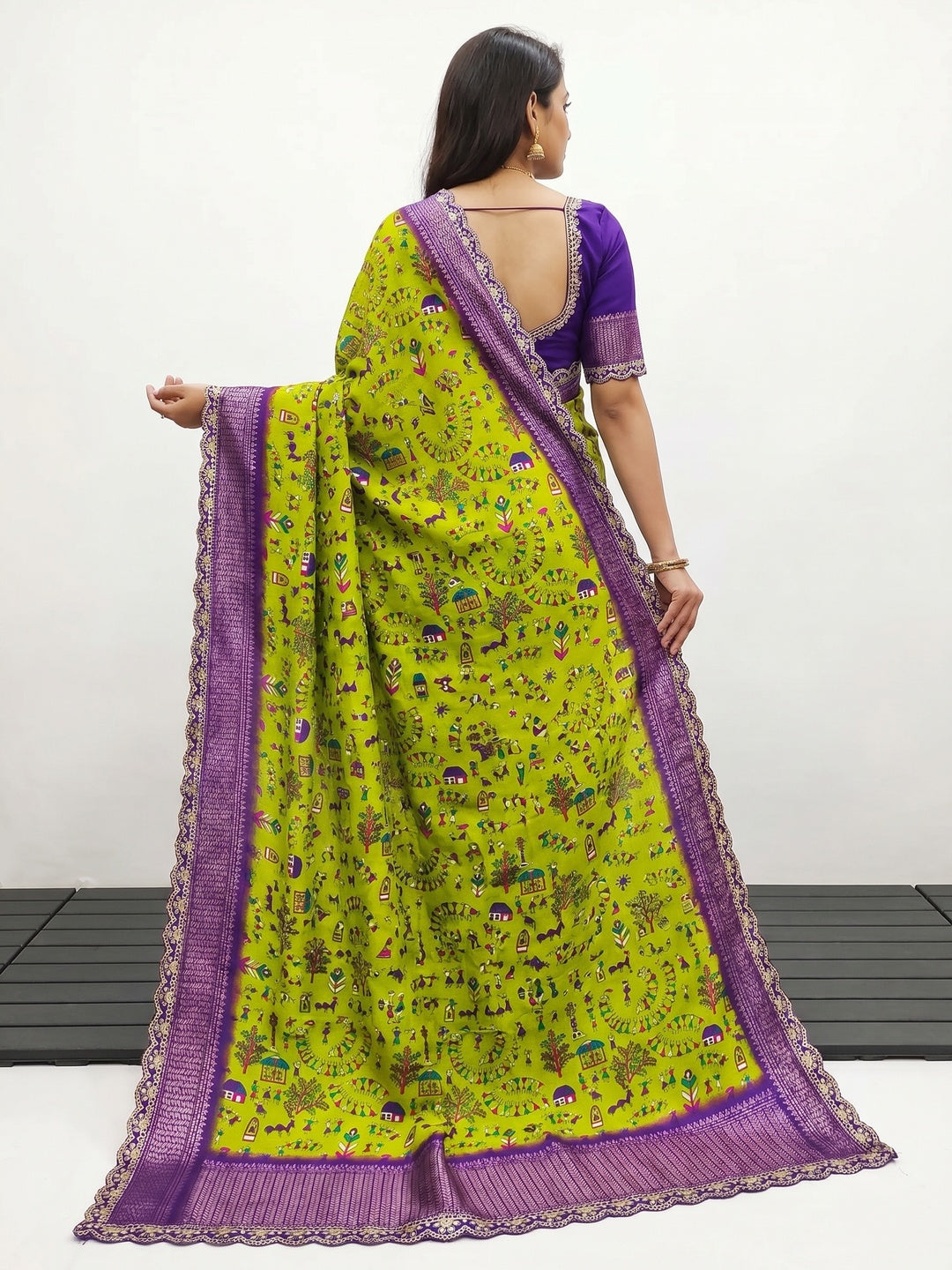 Green Warli Printed Dola Silk Saree With Zari Border - Image 3