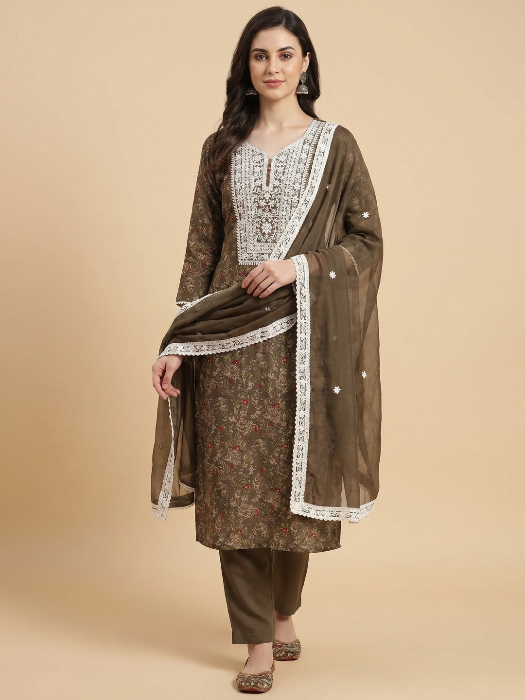 Brown Floral Printed Cotton Silk Dress Material - Image 1