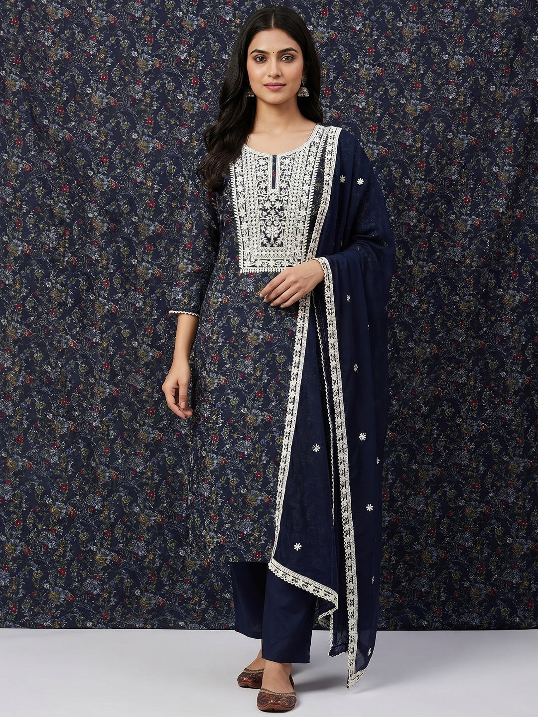 Navy Blue Floral Printed Cotton Silk Dress Material - Image 1