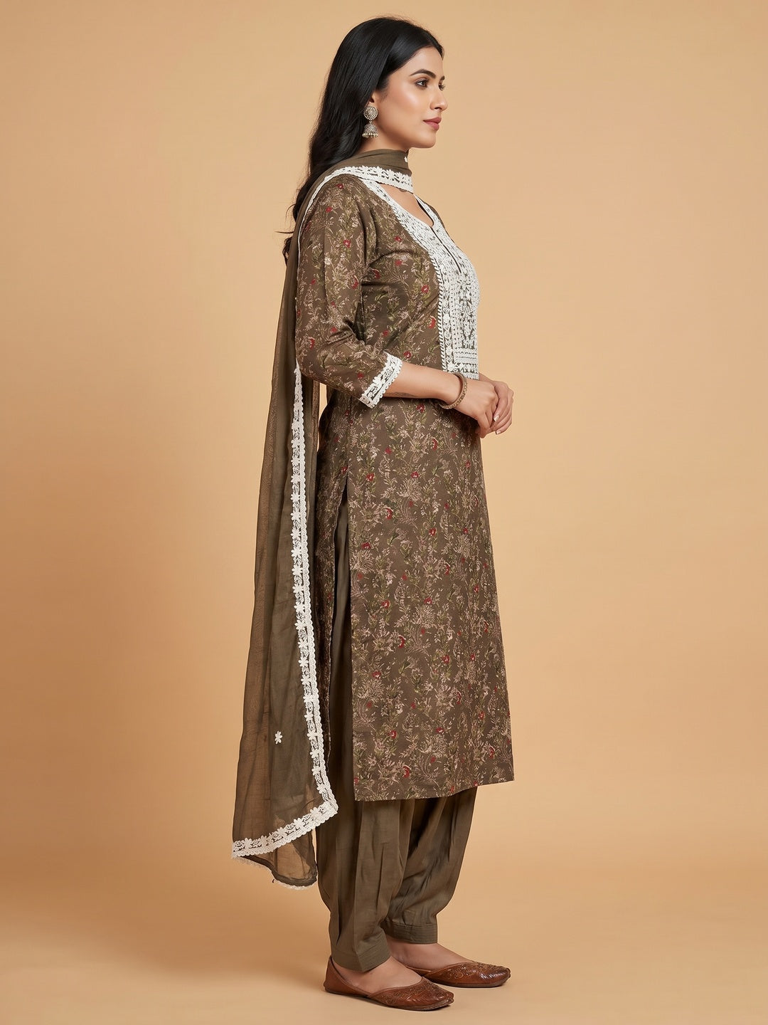 Brown Floral Printed Cotton Silk Dress Material - Image 3