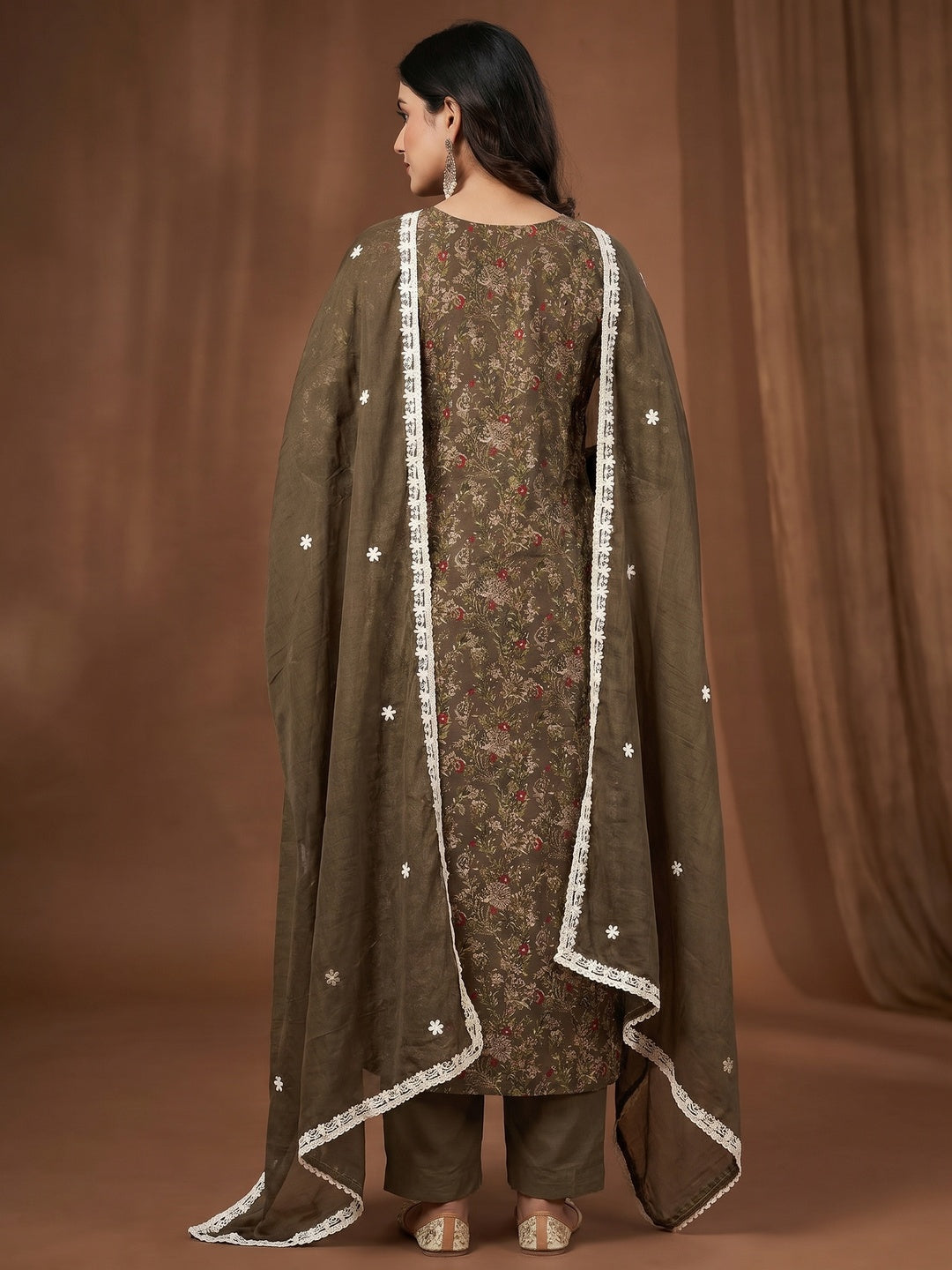Brown Floral Printed Cotton Silk Dress Material - Image 2