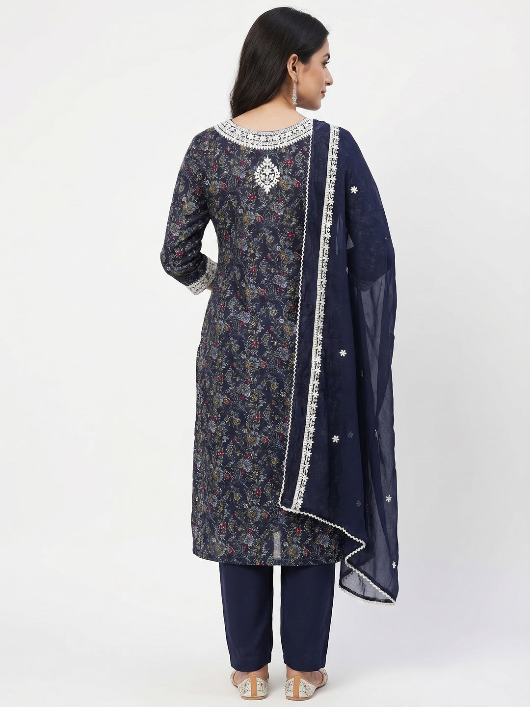 Navy Blue Floral Printed Cotton Silk Dress Material - Image 2