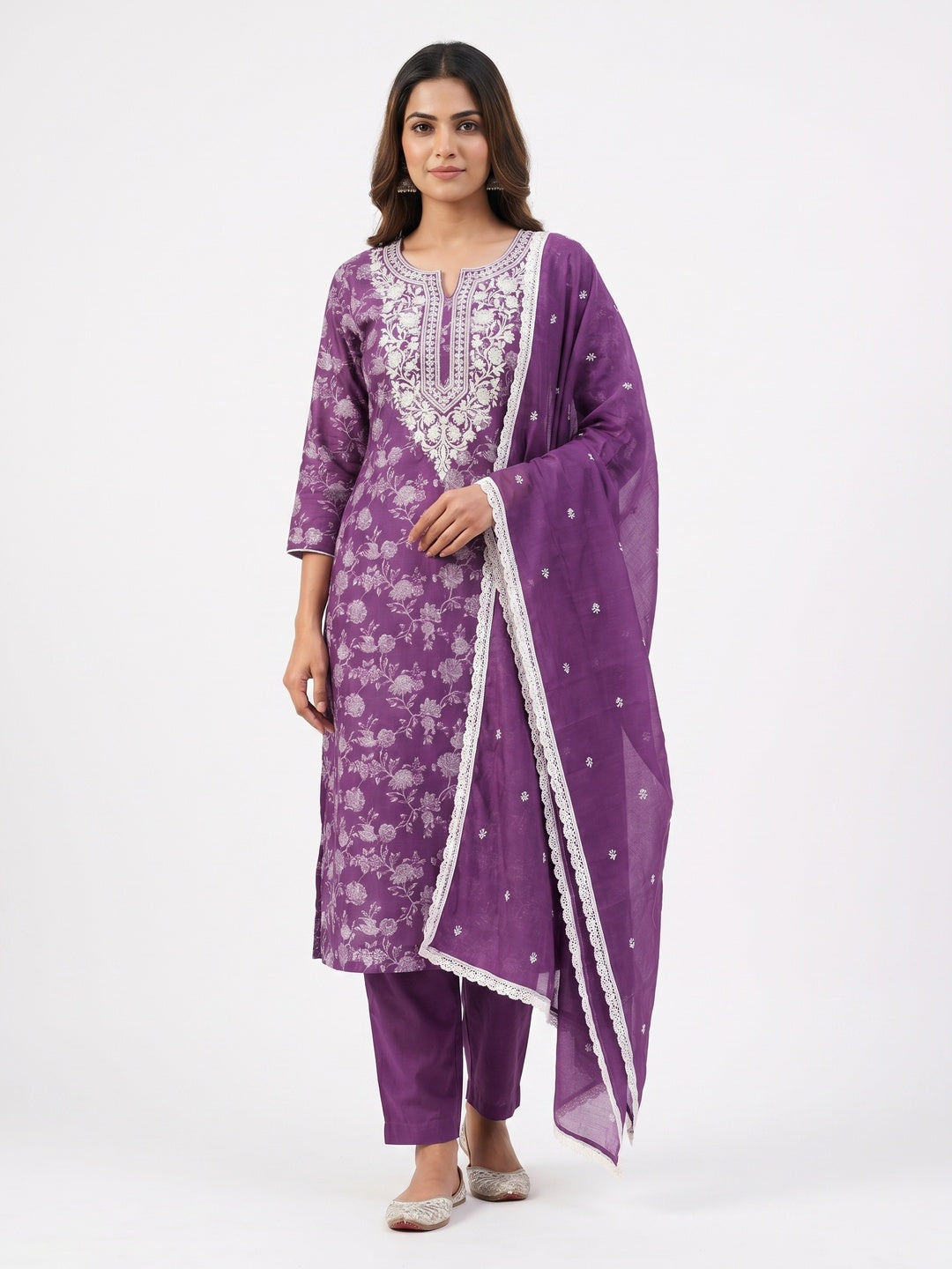 Purple Floral Printed Cotton Silk Dress Material - Image 1