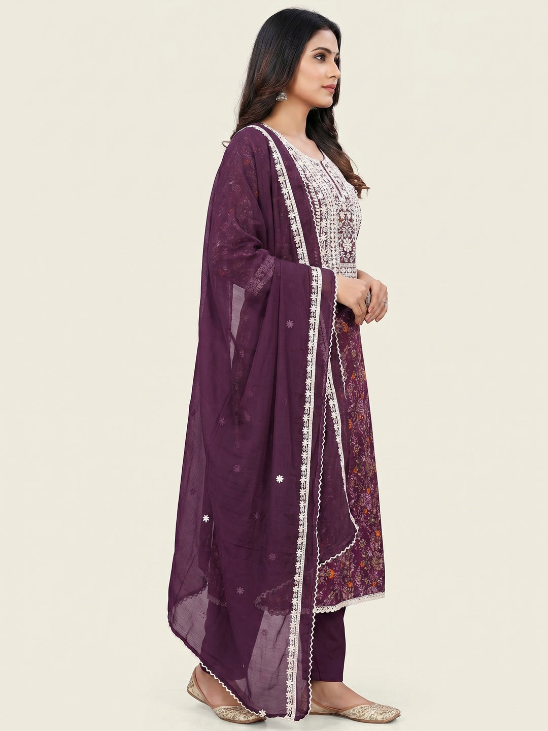 Purple Floral Printed Cotton Silk Dress Material - Image 2
