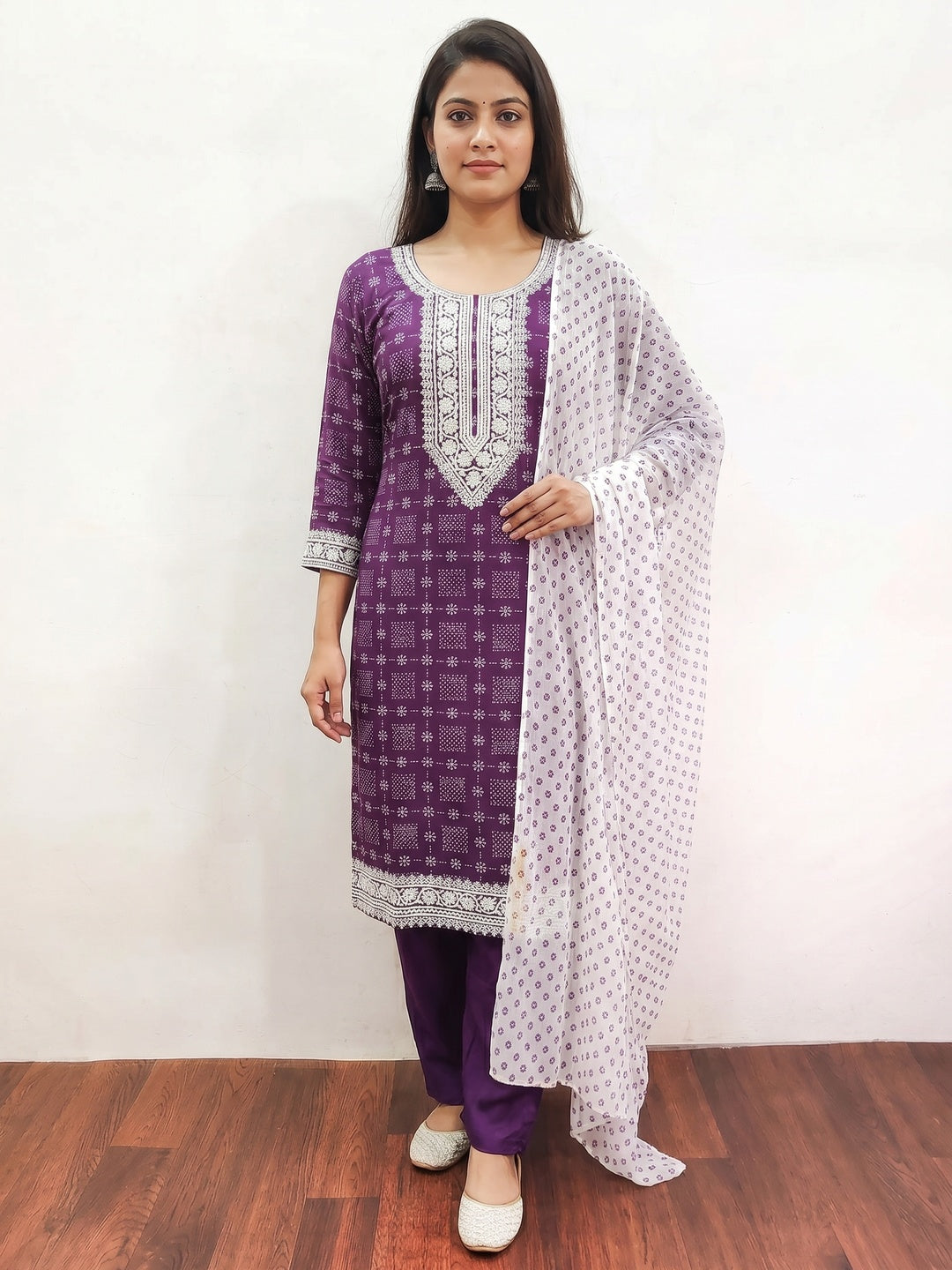Purple Printed Rayon Dress Material - Image 1