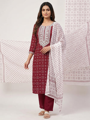 Maroon Printed Rayon Dress Material - Image 1