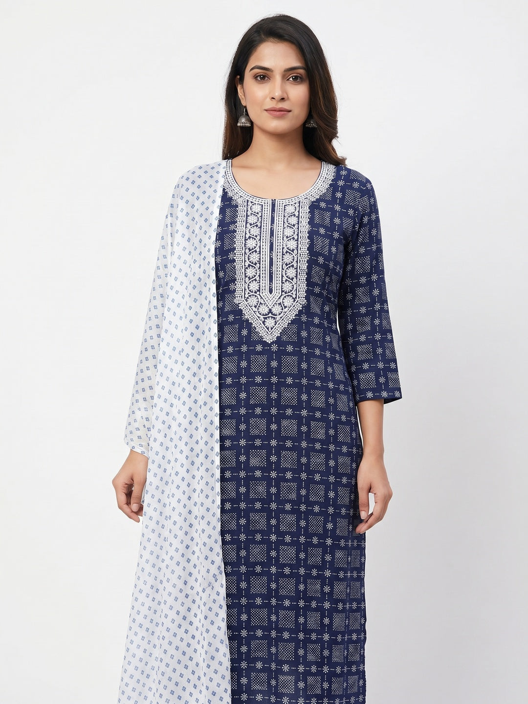 Navy Blue Printed Rayon Dress Material - Image 1