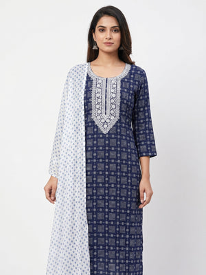 Navy Blue Printed Rayon Dress Material - Image 1