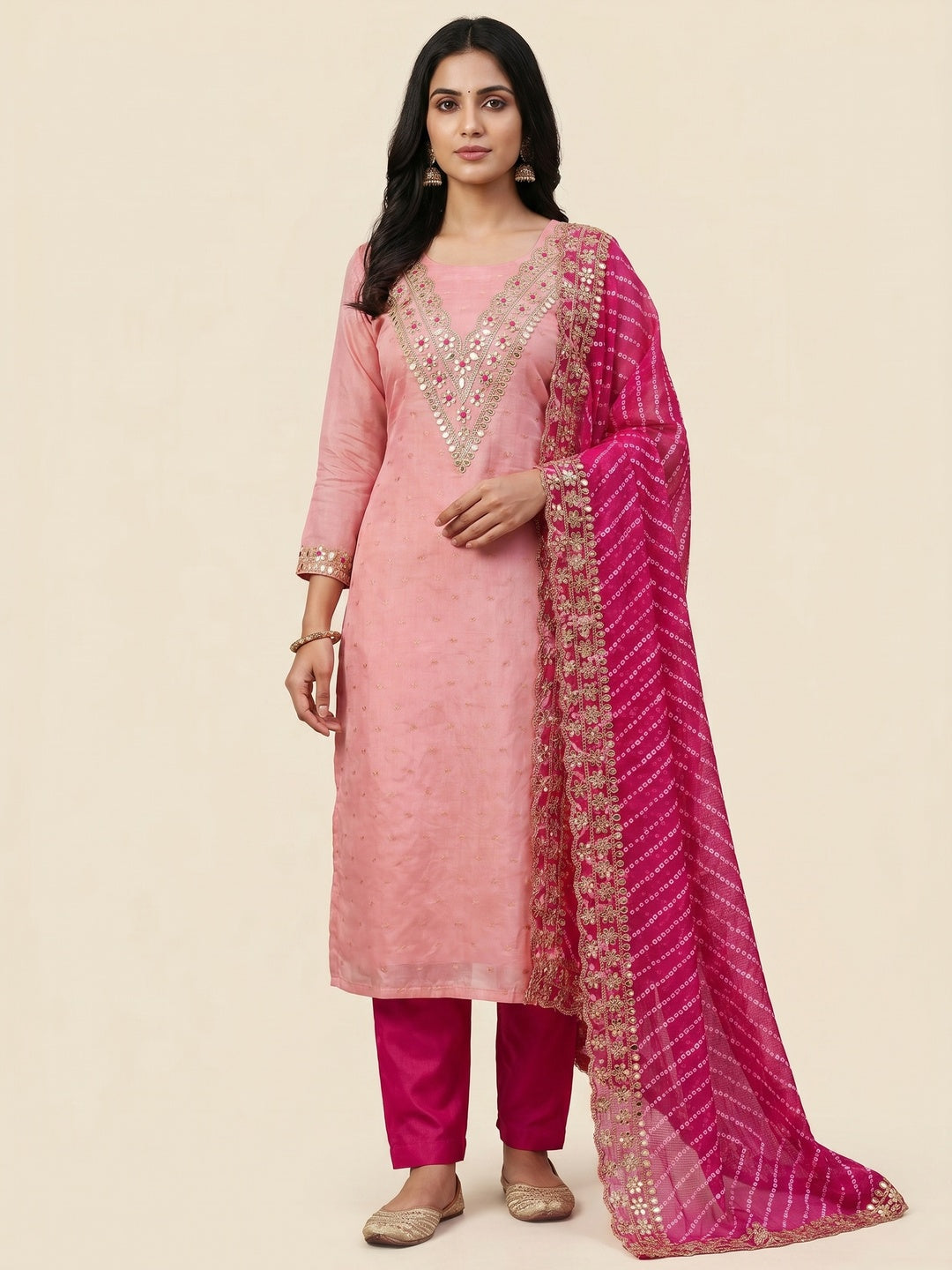 Pink Woven With Sequins Embroidered Modal Chanderi Silk Dress Material - Image 1