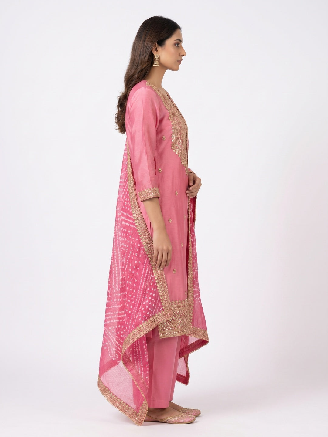 Pink Woven With Sequins Embroidered Modal Chanderi Silk Dress Material - Image 3