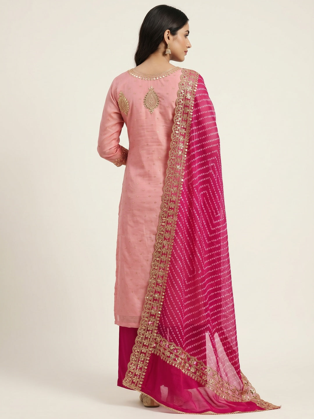 Pink Woven With Sequins Embroidered Modal Chanderi Silk Dress Material - Image 2