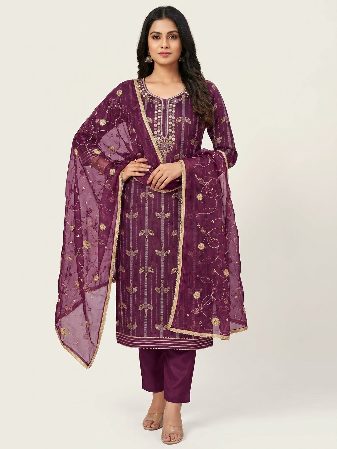 Purple Floral Foil Printed With Handwork Chanderi Dress Material - Image 1
