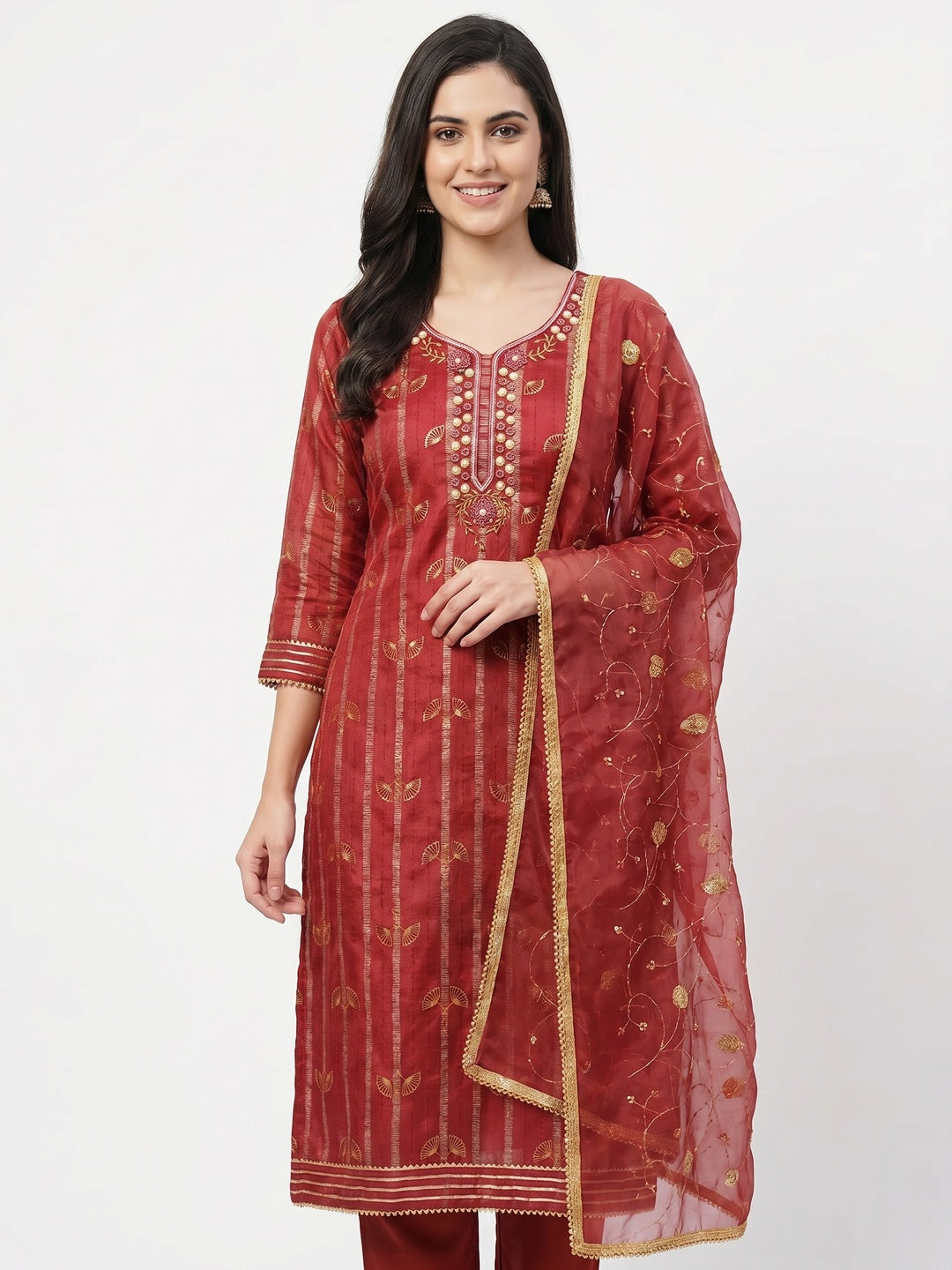Red Floral Foil Printed With Handwork Chanderi Dress Material - Image 1