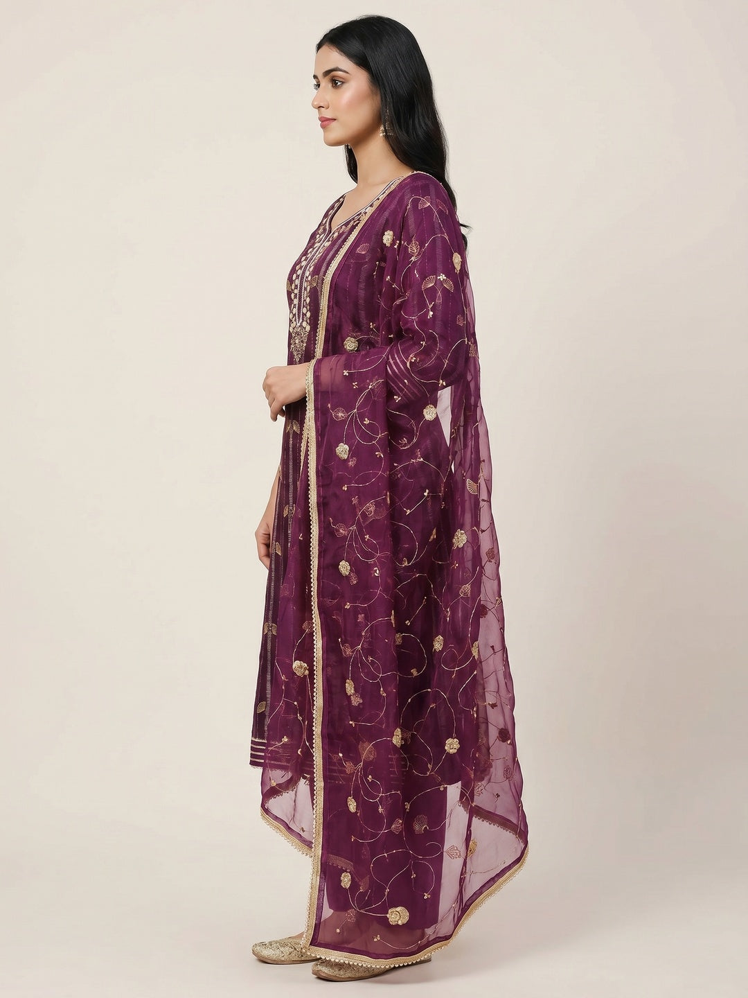 Purple Floral Foil Printed With Handwork Chanderi Dress Material - Image 2
