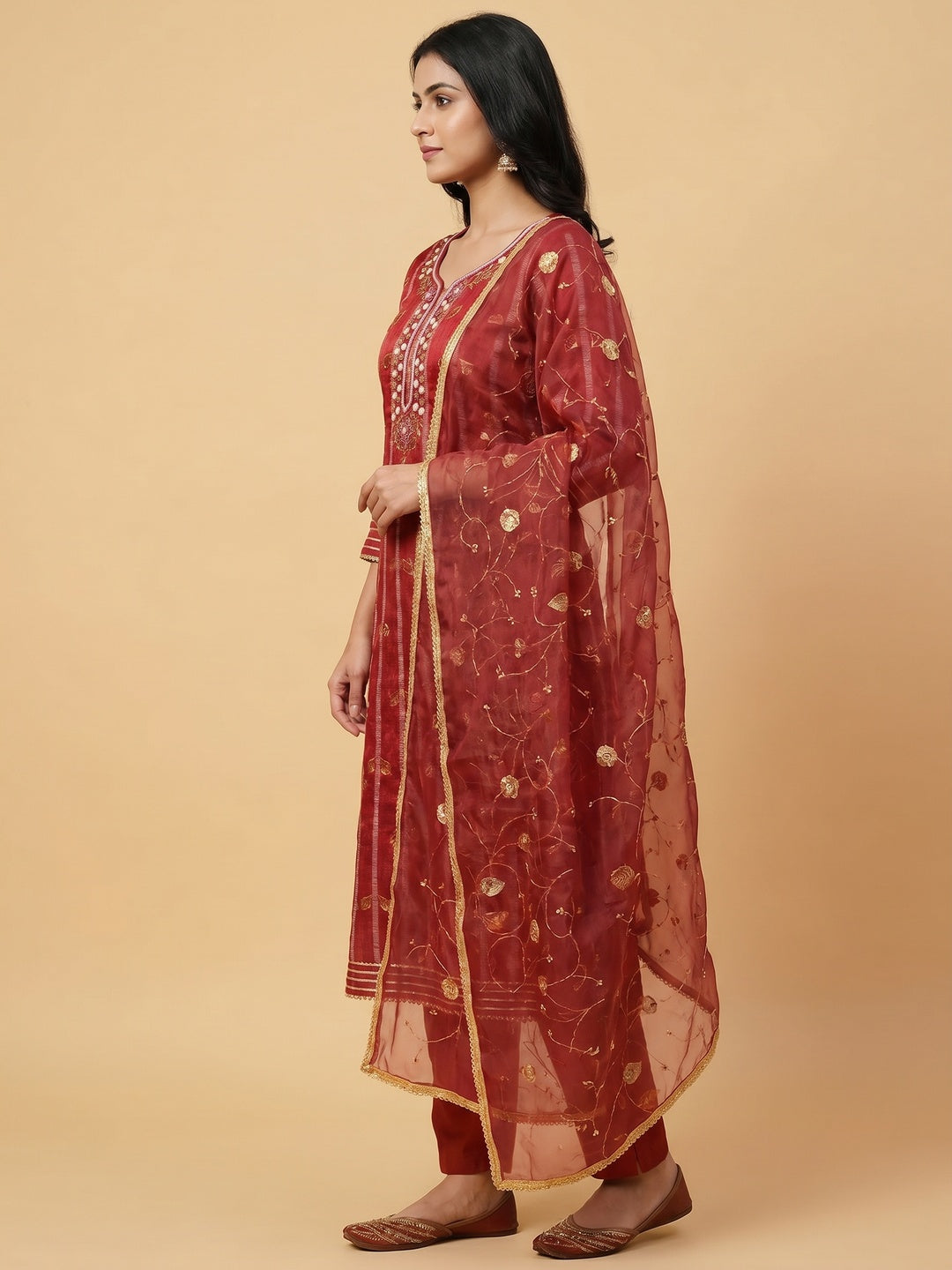 Red Floral Foil Printed With Handwork Chanderi Dress Material - Image 2