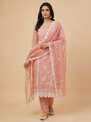 Peach Floral Sequins Embroidered Organza Dress Material - Image 1