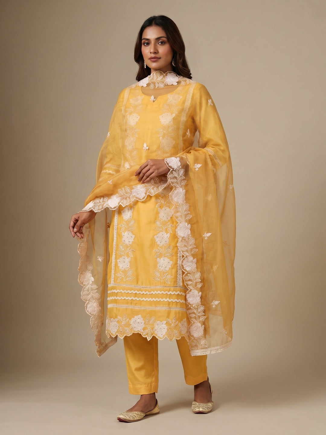 Yellow Floral Embroidery With Stonework Organza Dress Material - Image 1