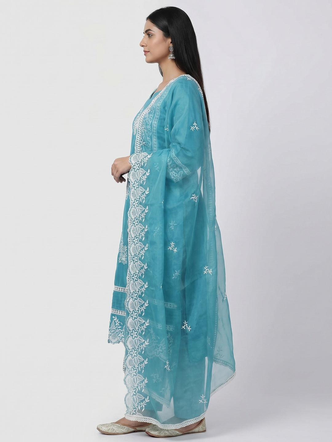 Blue Floral Sequins Embroidered Organza Dress Material - Image 2