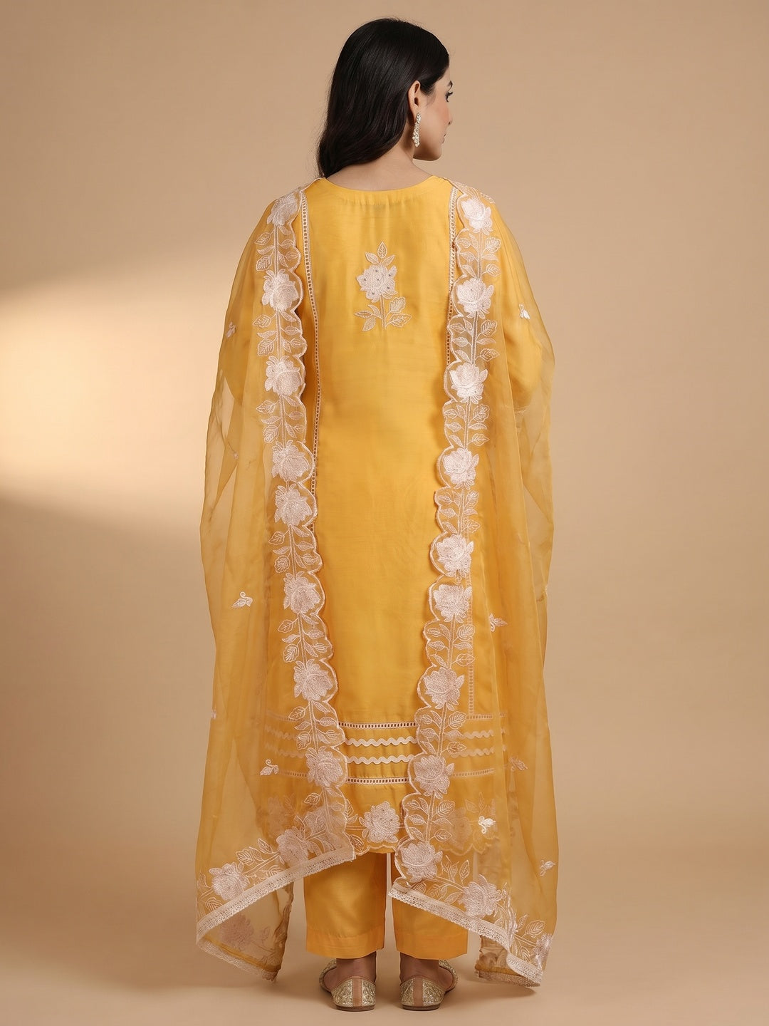 Yellow Floral Embroidery With Stonework Organza Dress Material - Image 2