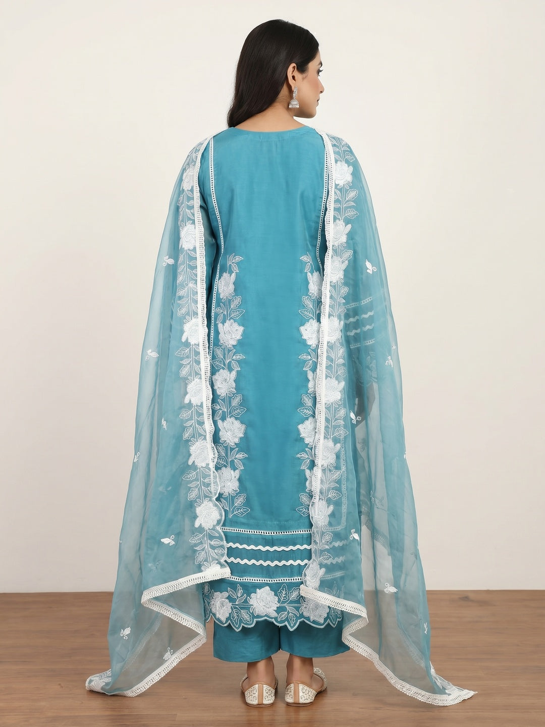 Blue Floral Embroidery With Stonework Organza Dress Material - Image 2