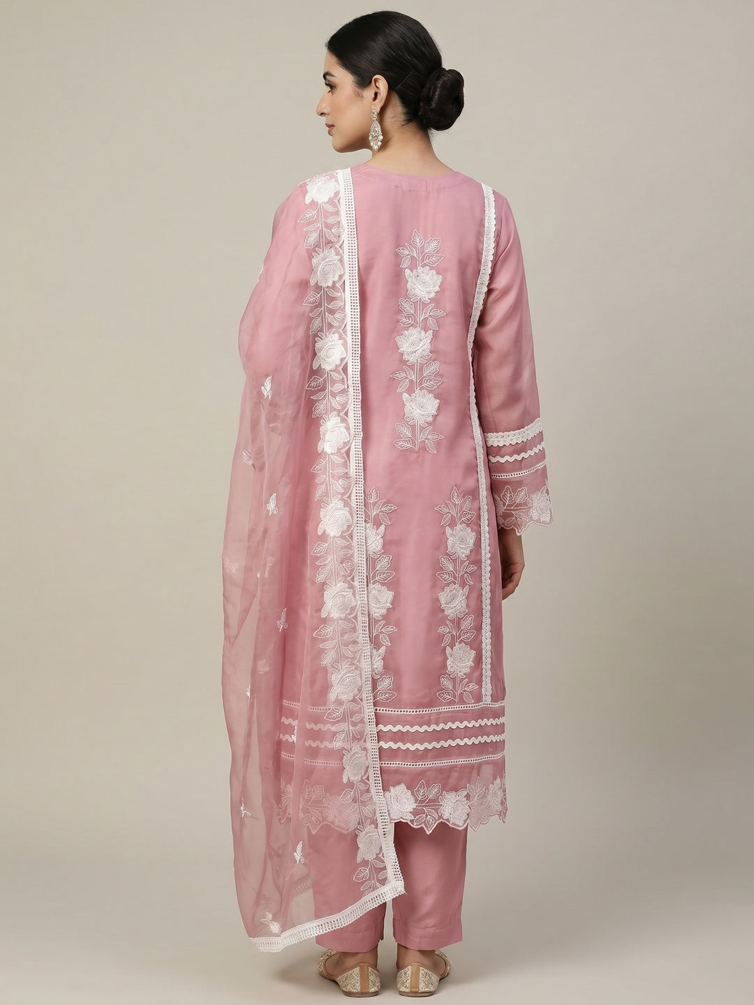 Onion Pink Floral Embroidery With Stonework Organza Dress Material - Image 3