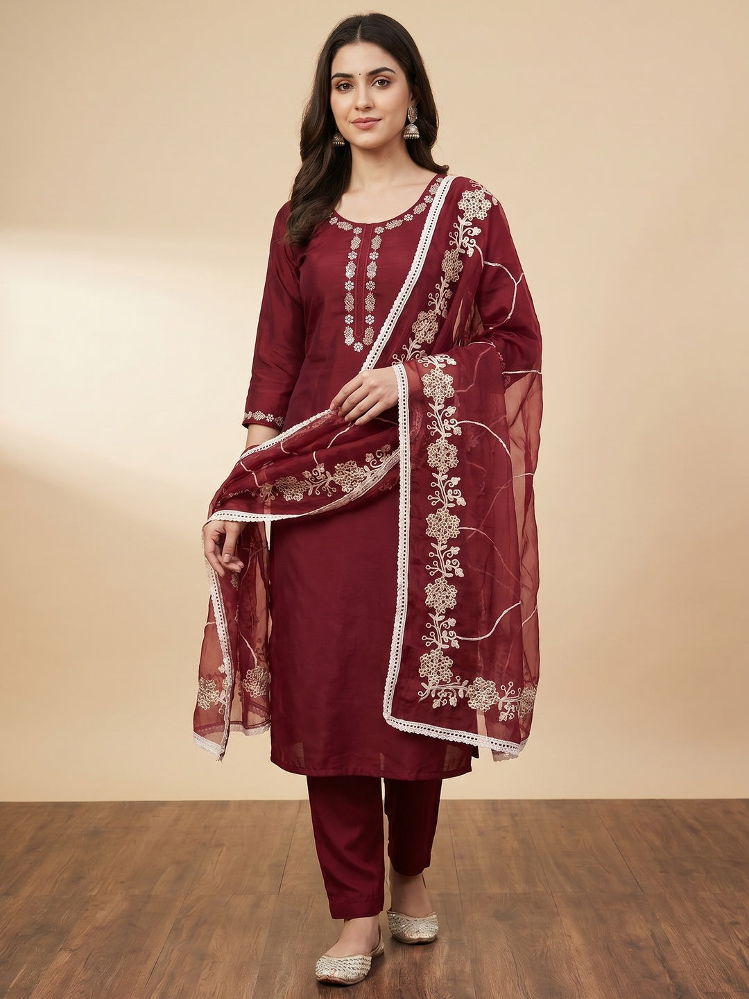 Maroon Floral Sequins Embroidery With Handwork Cotton Silk Dress Material - Image 1
