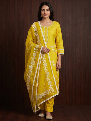 Yellow Floral Sequins Embroidery With Handwork Cotton Silk Dress Material - Image 1